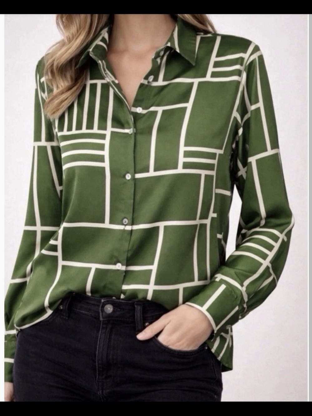 Haver LONDON  Olive Green Geometric Button-Up Blouse